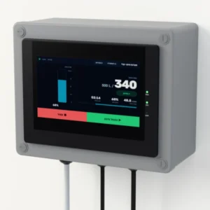 בקר FlowPro למינון נוזלים עם מסך מגע 7 אינץ' על הקיר, באמצע מינון של 340 מתוך 500 ליטר